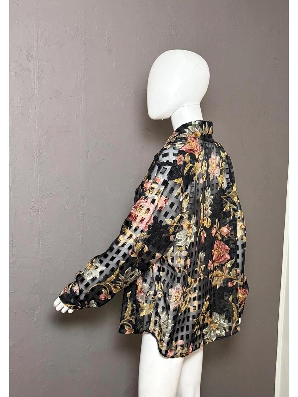 1980s Sheer Burnout Blouse by Expose Black x Earthy Floral size XL - Picture 6 of 10